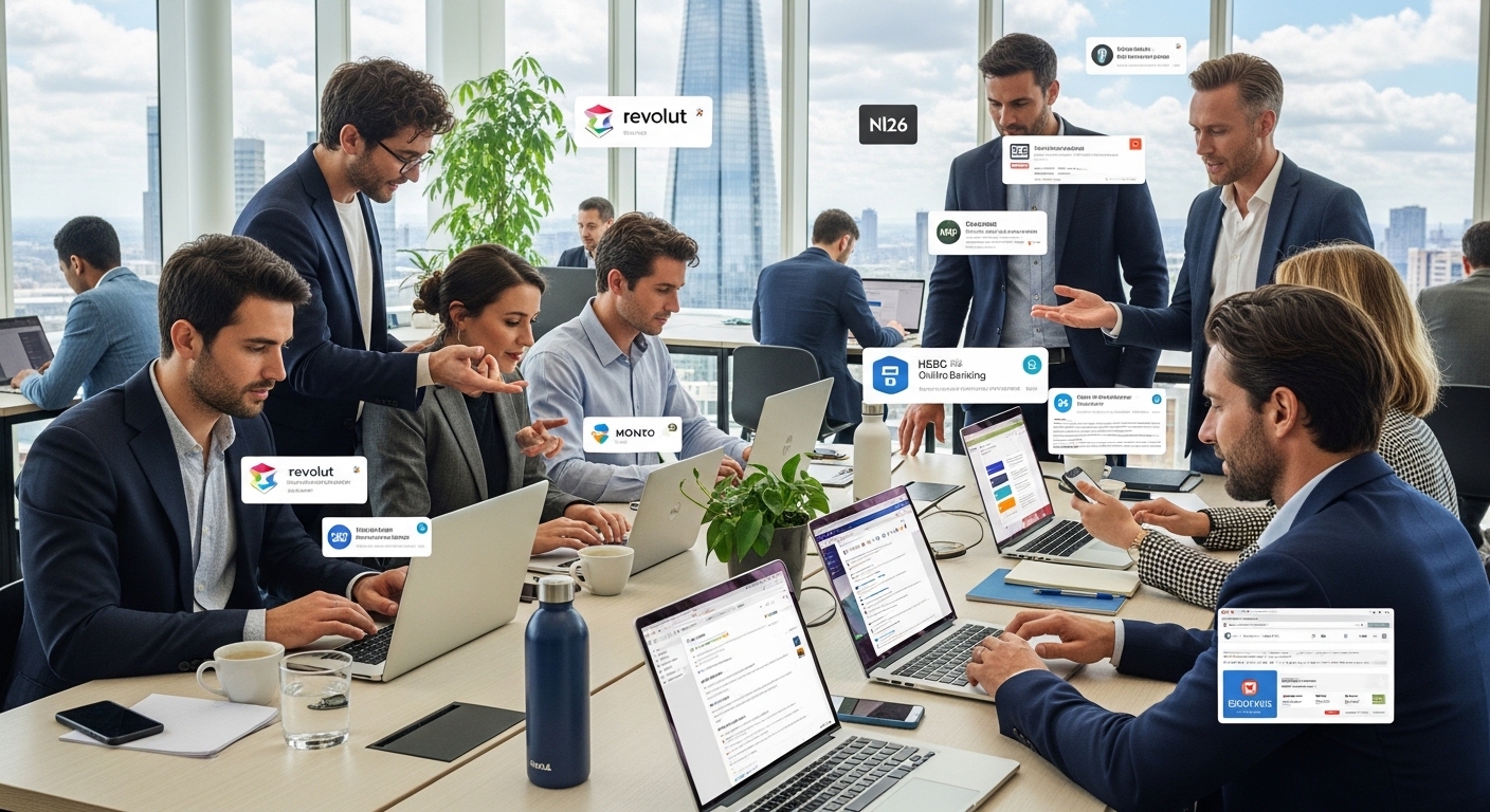 A diverse group of professional expats working in a modern London co-working space with views of the Shard, using laptops and smartphones for digital banking.