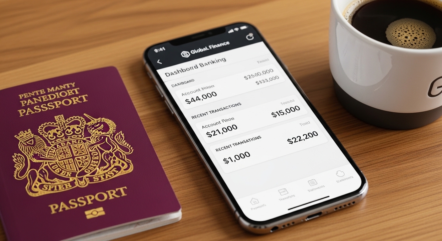 A high-quality close-up of a smartphone displaying a sleek business banking app interface next to a British passport and a cup of coffee on a wooden desk.
