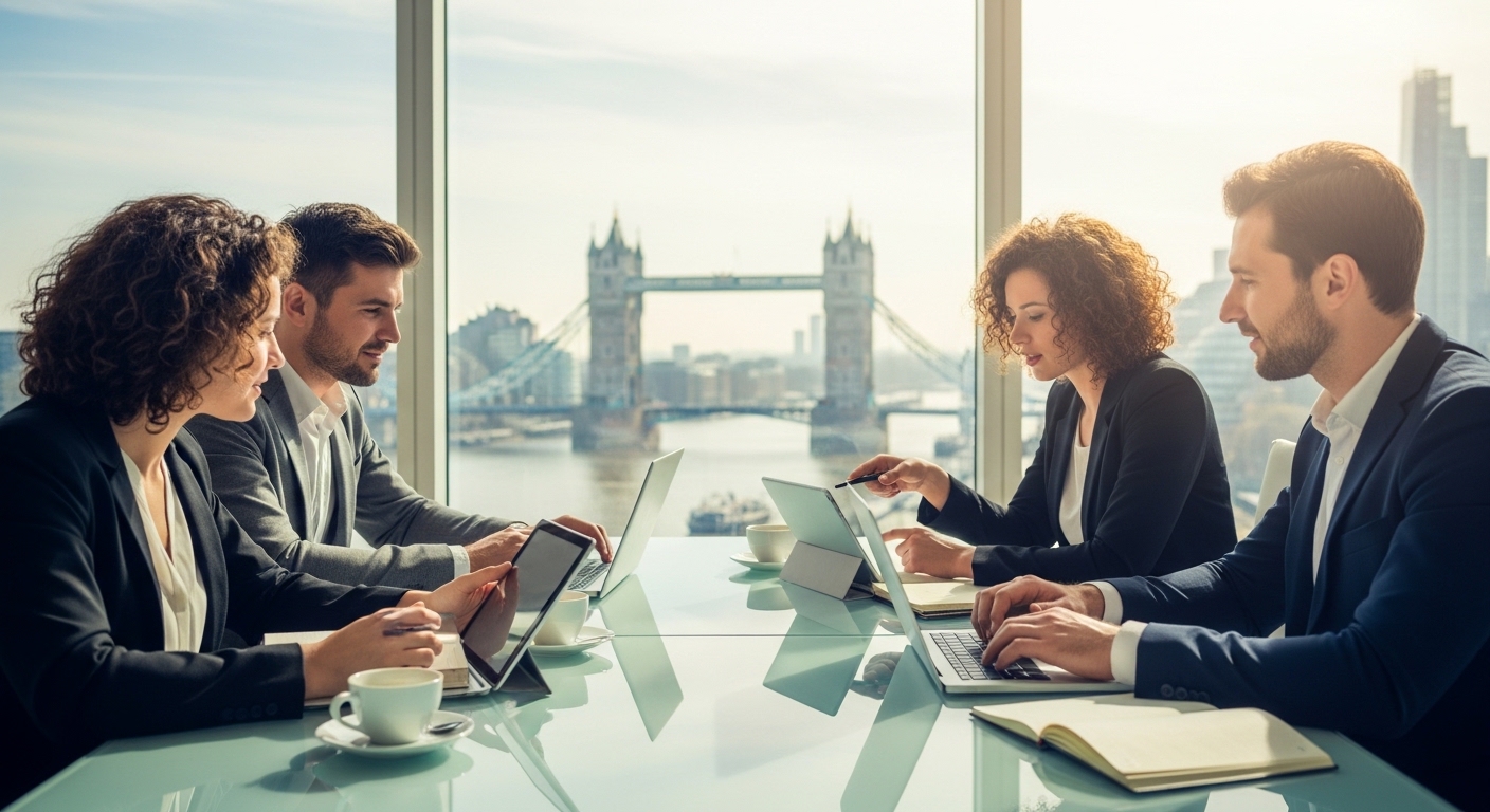 A diverse group of four professional entrepreneurs sitting around a sleek glass table in a modern London skyscraper, discussing a business plan over tablets and coffee, with the Tower Bridge visible through the large window in the background, soft morning sunlight, cinematic style