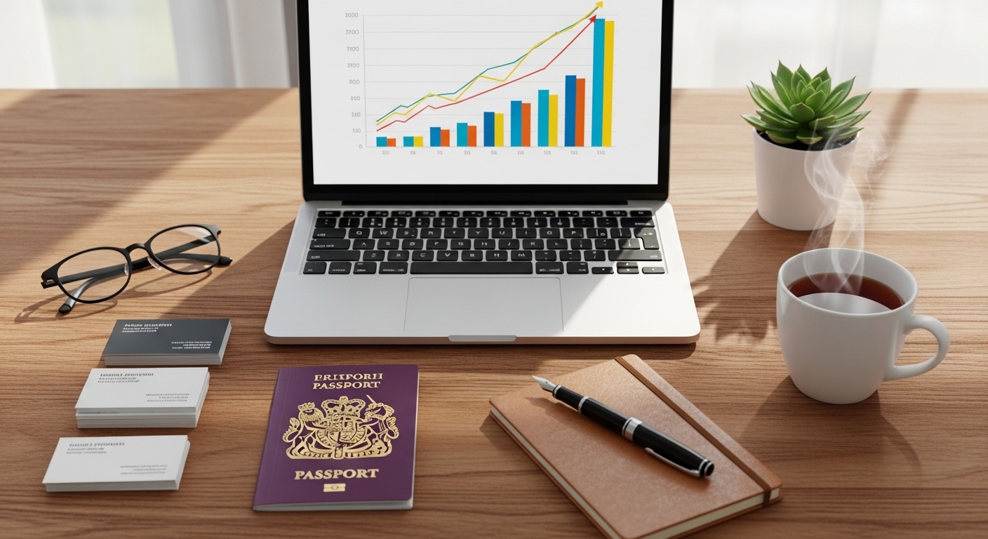 A high-angle flat lay shot of a wooden desk featuring a British passport, a high-end laptop displaying a business growth chart, a stylish fountain pen, and a classic ceramic mug of tea, bright and airy office atmosphere, professional and organized aesthetic