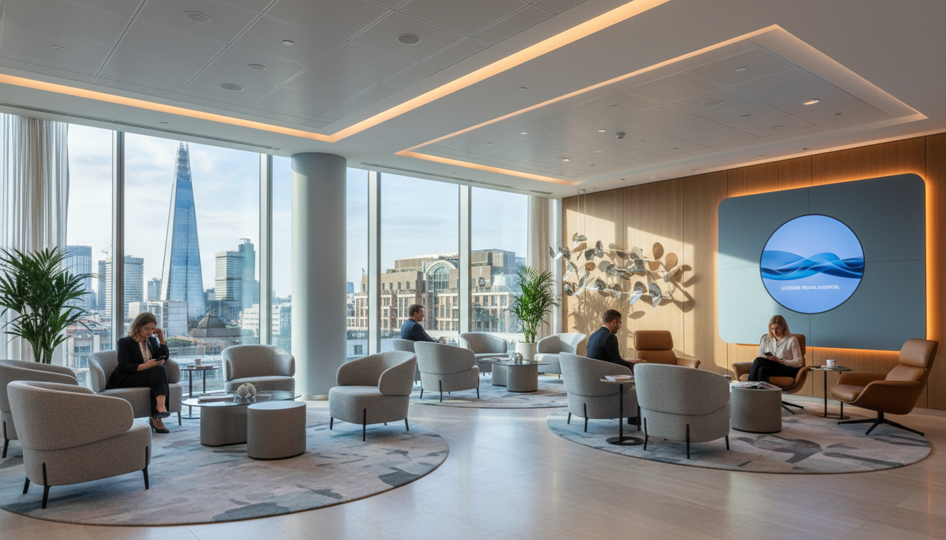 A modern hospital waiting room in London with high-end furniture and a view of the Shard through the window, bright and professional atmosphere, cinematic lighting