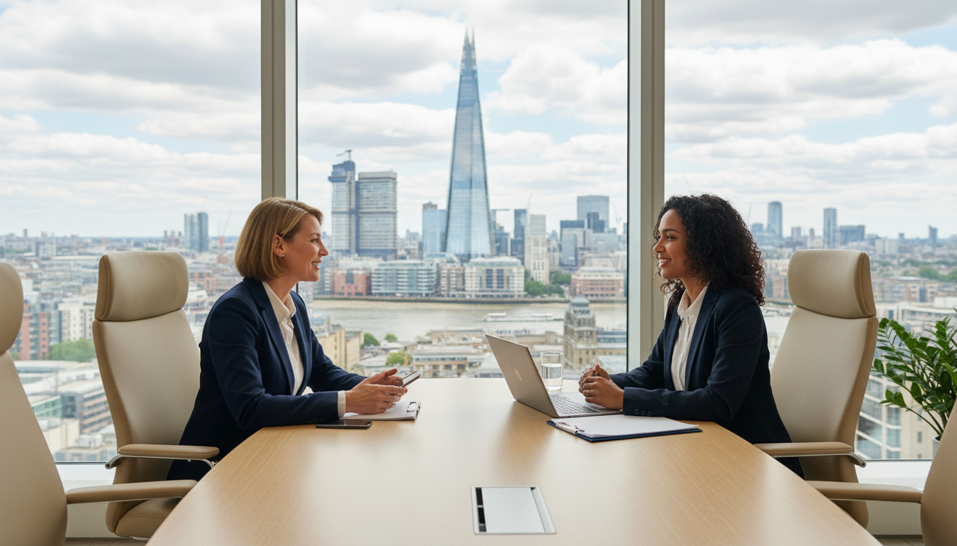 A professional financial advisor sitting across from a diverse expat couple in a modern London office with large windows overlooking the Shard and the city skyline, conveying a sense of trust and clarity.