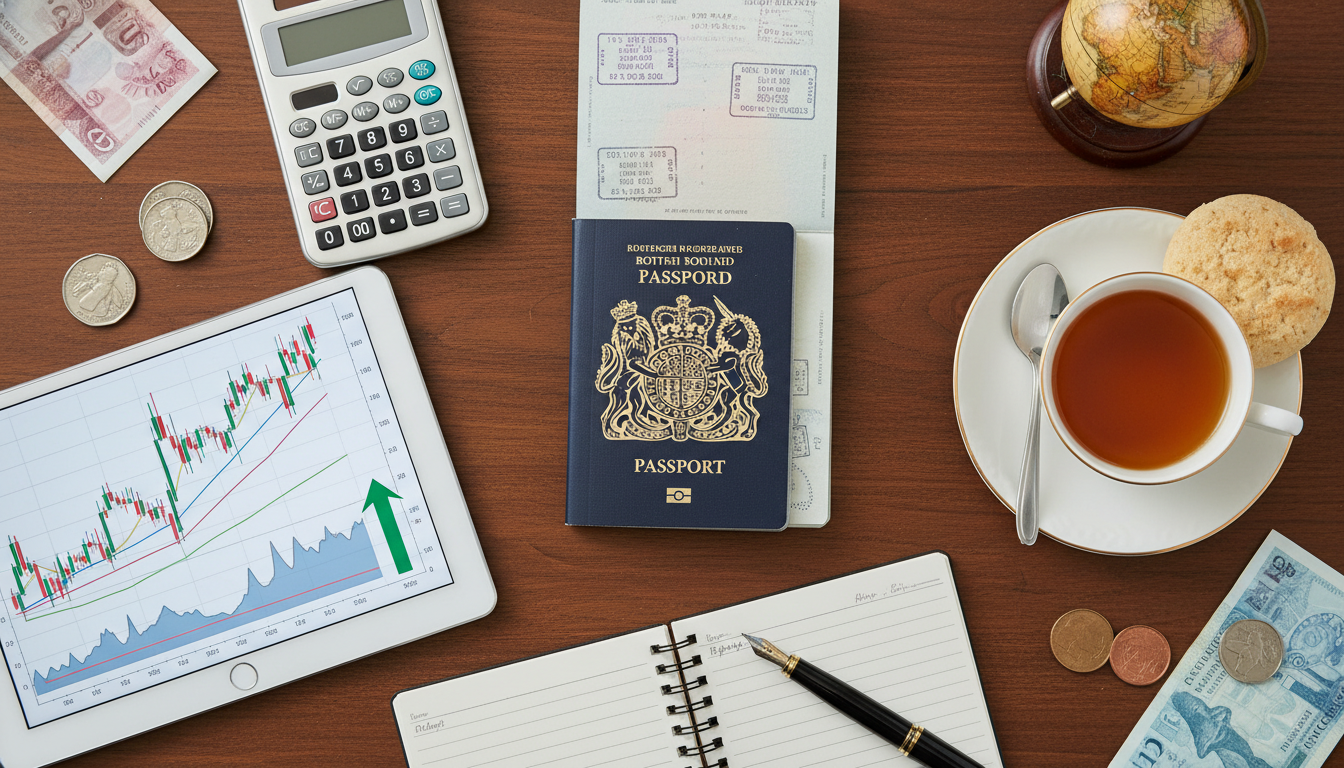 A high-quality flat-lay of a wooden desk featuring a British passport, a calculator, a digital tablet displaying global stock market graphs, and a cup of English tea, symbolizing organized financial planning.