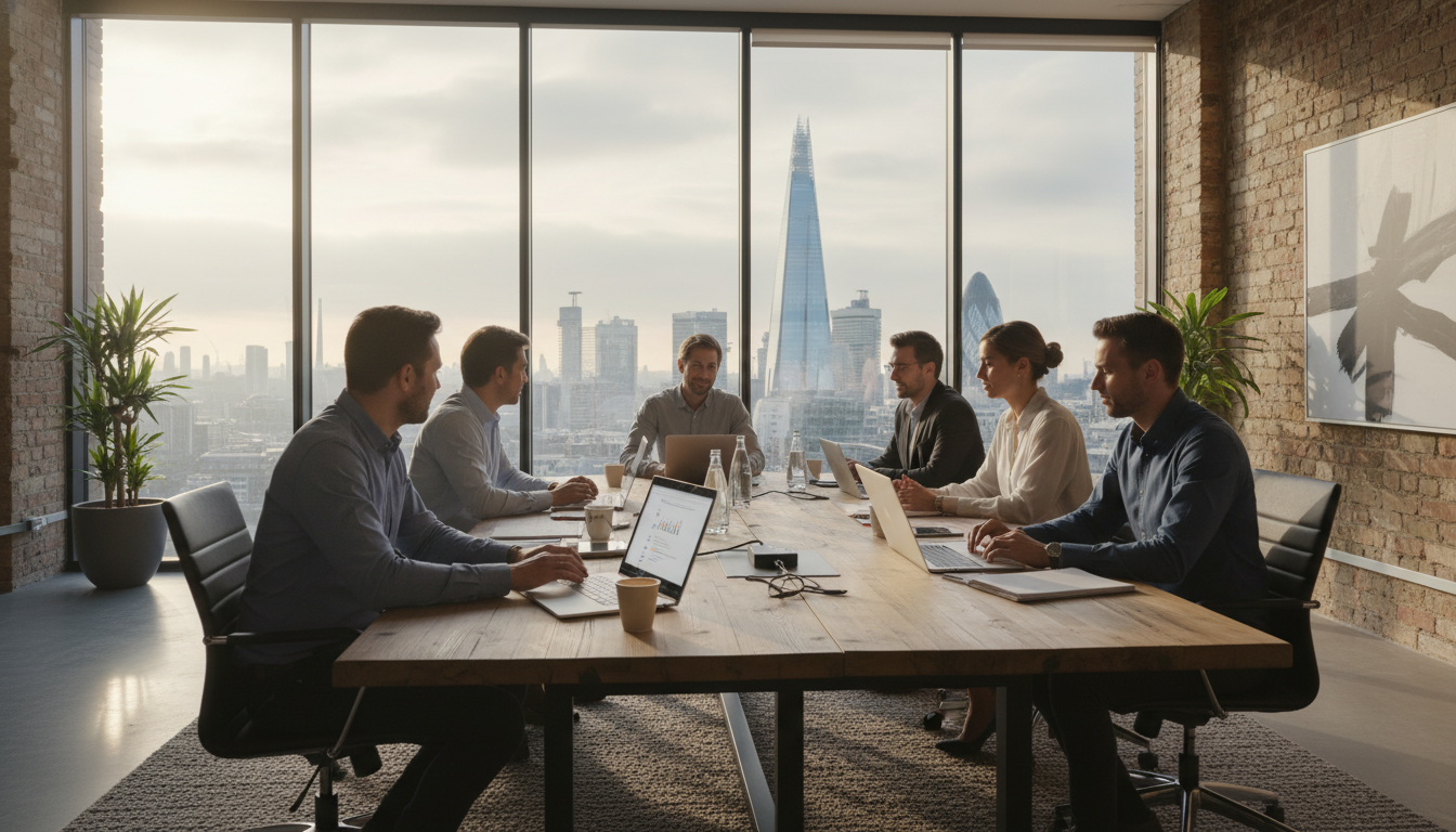 A professional modern office interior in London with diverse entrepreneurs collaborating around a wooden table, high-tech laptops, and a view of the Shard in the background, soft morning sunlight, 8k resolution.