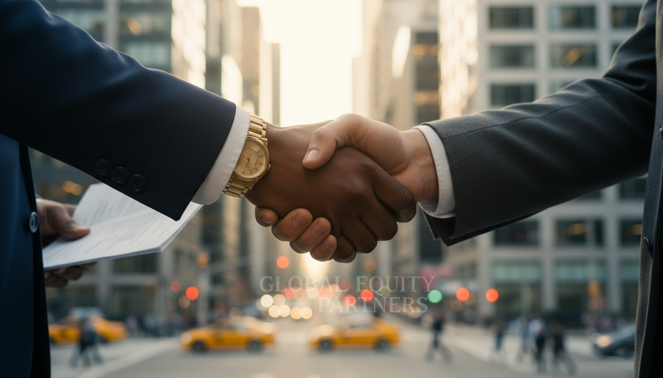 A close-up of a diverse hand shaking another hand in a formal business setting, with a bokeh background of a bustling financial district, representing a successful investment deal, cinematic lighting.