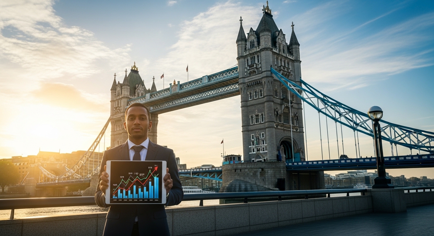 A professional entrepreneur of diverse background standing confidently in front of the Tower Bridge in London, holding a tablet showing business growth charts, morning sunlight, cinematic style.