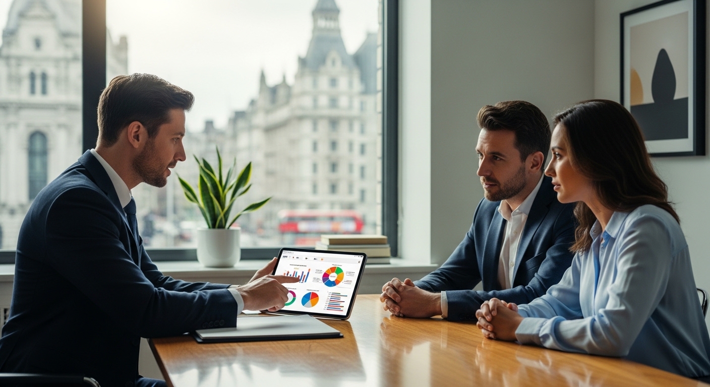 A professional financial advisor in a bright London office using a tablet to show complex tax charts to an expatriate couple, cinematic lighting, professional atmosphere