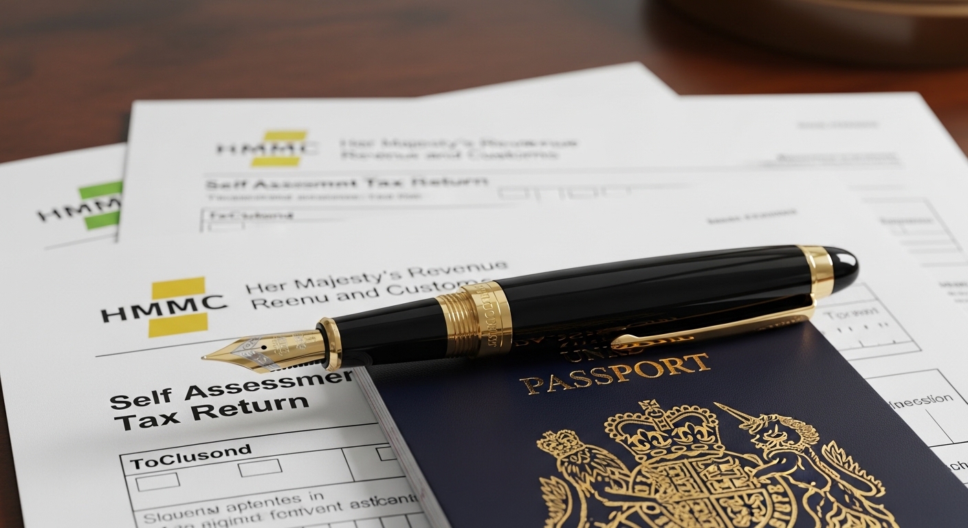 A detailed close-up of a fountain pen resting on official HMRC tax forms and a UK passport, soft focus background, elegant and serious tone