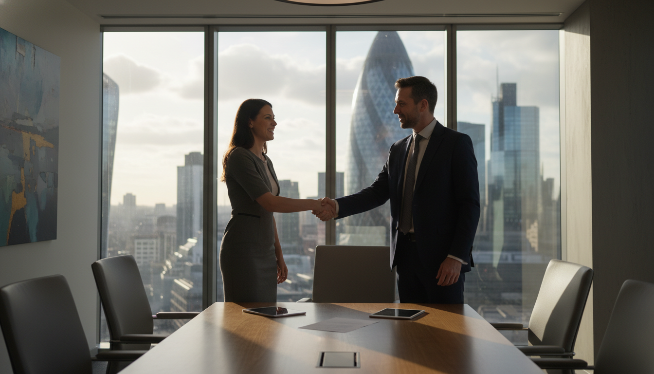 A professional solicitor shaking hands with a smiling client in a modern London boardroom, with the Gherkin and city skyscrapers visible through a large window in the background, cinematic lighting, 4k resolution.