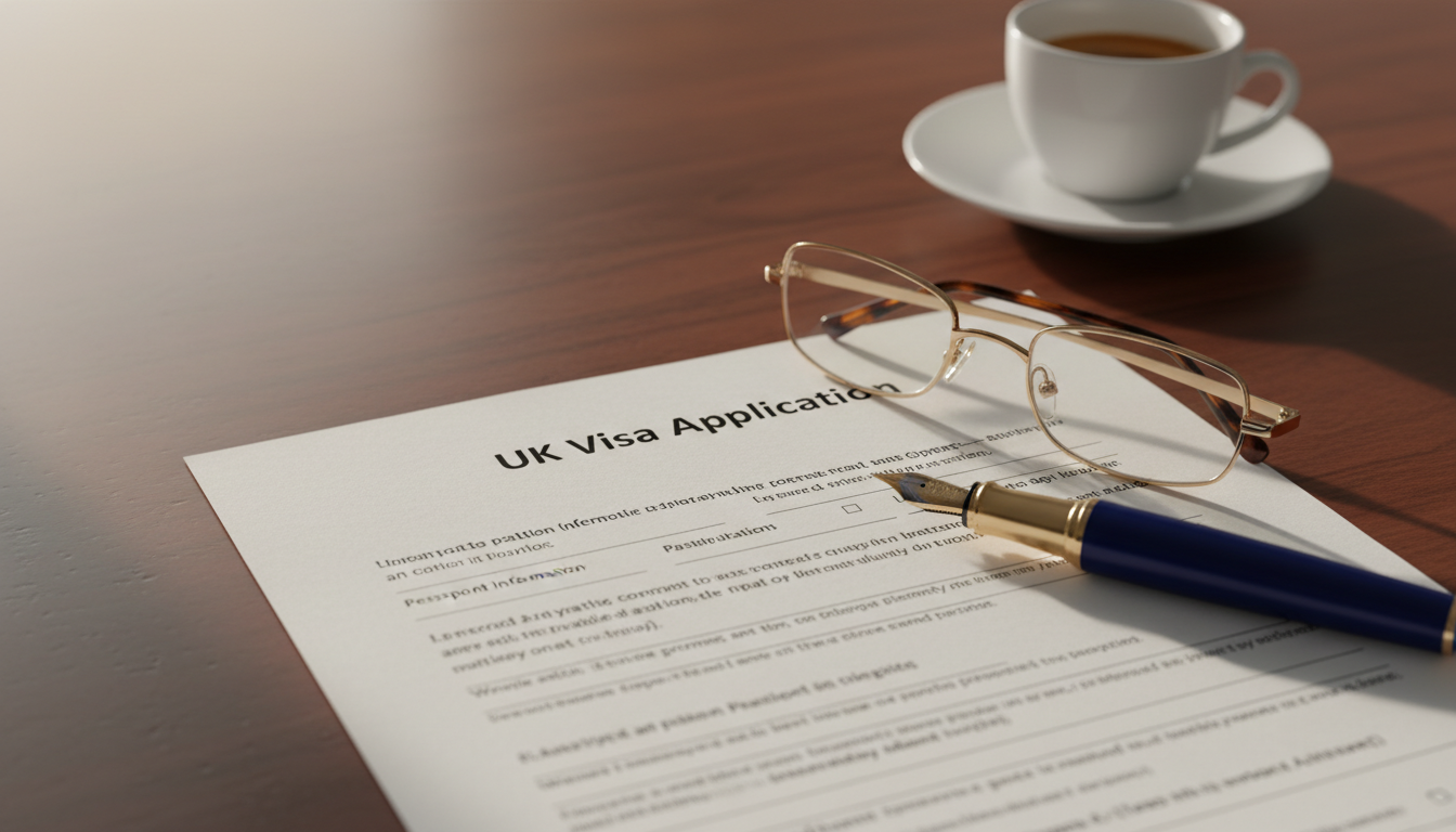 Close-up of a legal document titled 'UK Visa Application' with a pair of designer glasses and a luxury fountain pen resting on a dark mahogany desk, soft morning sunlight, professional atmosphere.