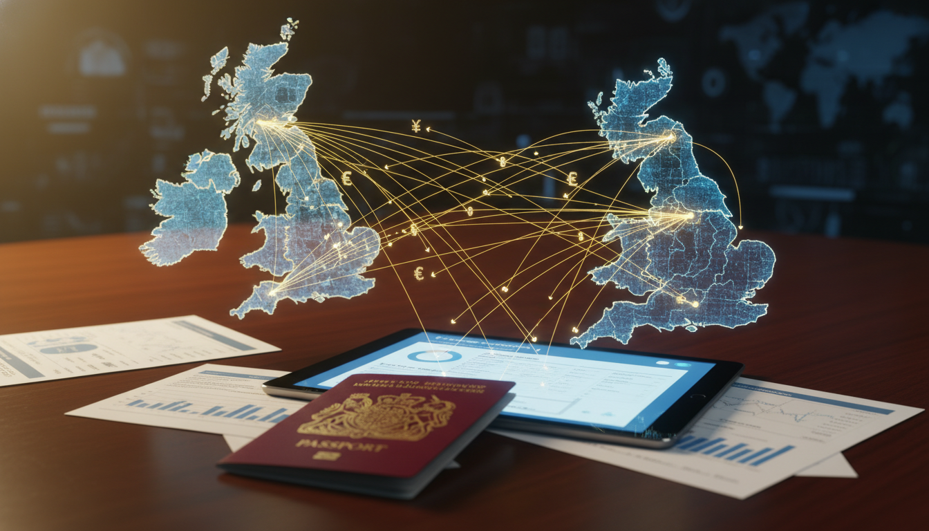 A digital illustration of two countries connected by golden lines representing financial flow, with a UK passport and tax forms on a mahogany desk, soft lighting, 4k resolution.