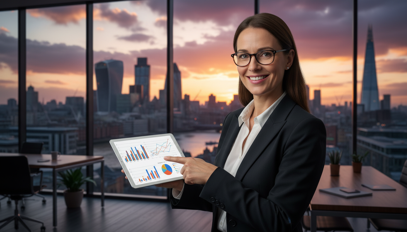 A professional accountant smiling while pointing at a tablet screen showing financial charts, in a modern glass office overlooking the London skyline at sunset, photorealistic.