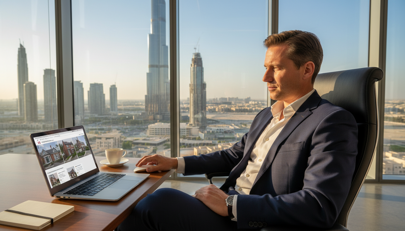 A professional expat sitting in a modern Dubai office, looking at UK property listings on a laptop with a view of the Burj Khalifa in the background.