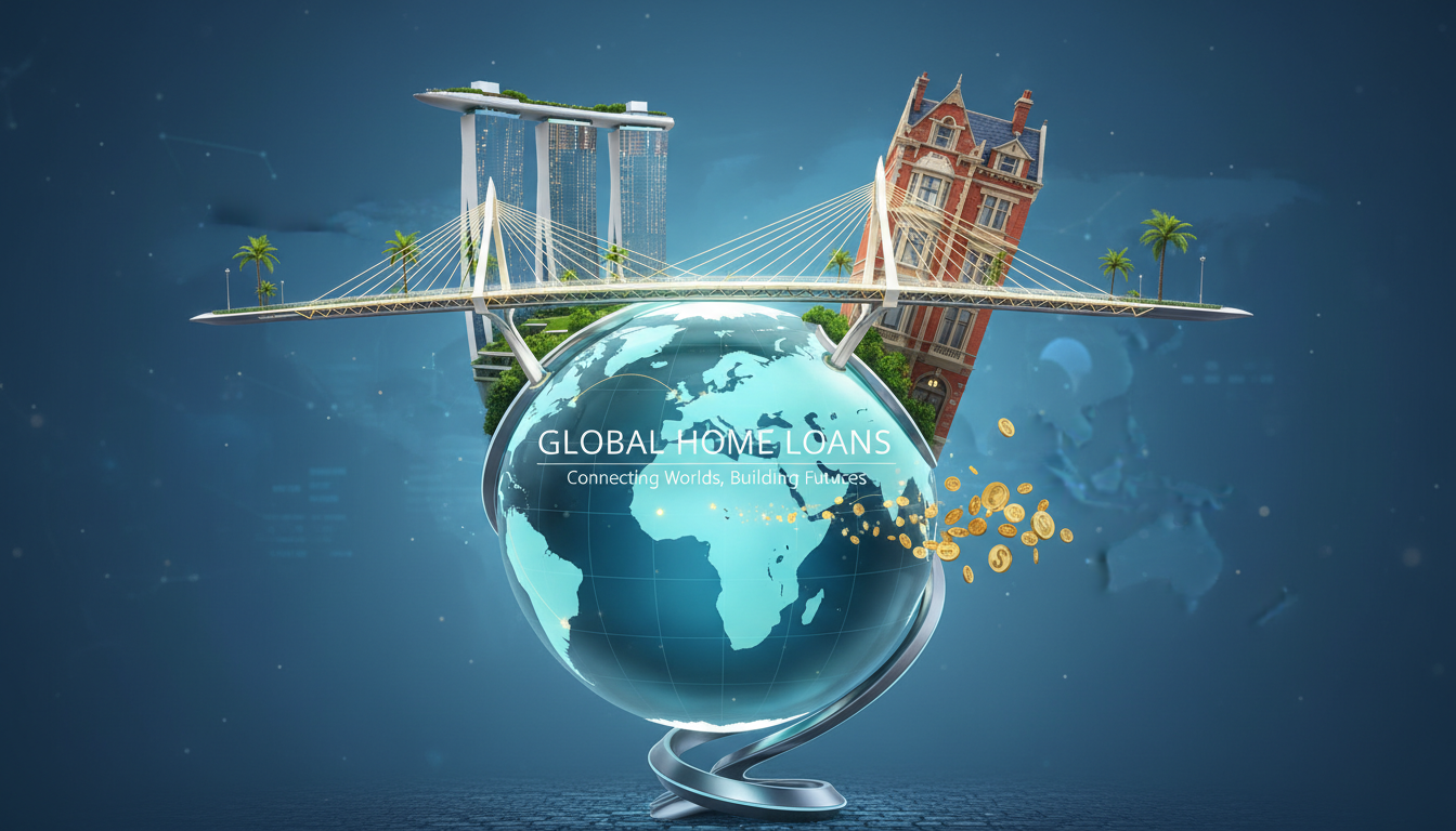 A digital illustration showing a globe with a bridge connecting a skyscraper in Singapore to a classic Victorian townhouse in London, symbolizing international mortgage lending.