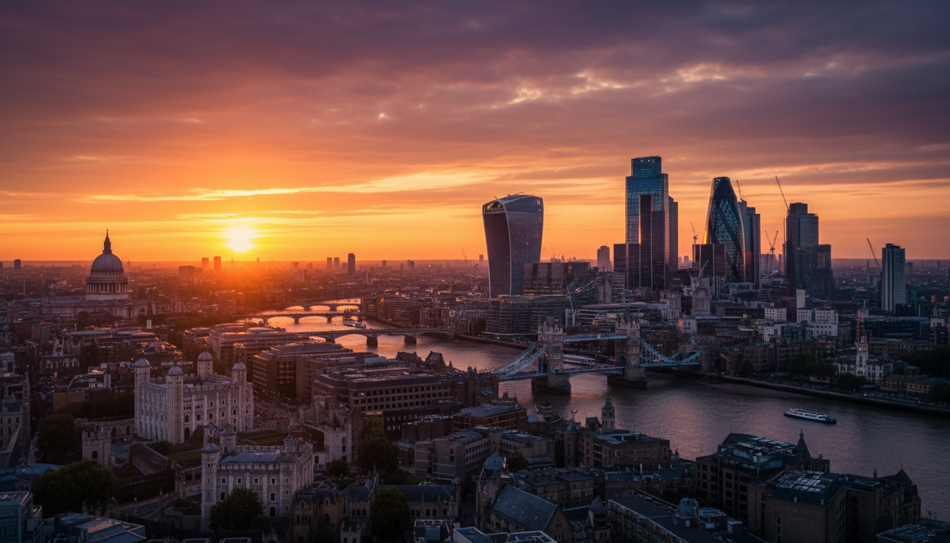 A high-quality wide-angle shot of a modern London skyline during sunset, featuring a mix of historic architecture and glass skyscrapers reflecting the golden light, representing a stable yet evolving investment environment.