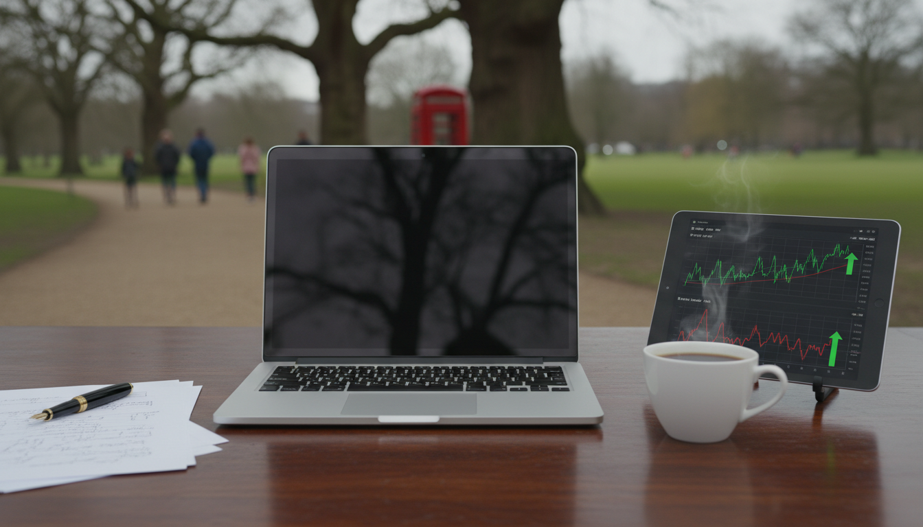 A professional-looking wooden desk with a laptop, a cup of coffee, and a tablet displaying various financial growth charts and stock market indicators, with a blurry view of a British park in the background.